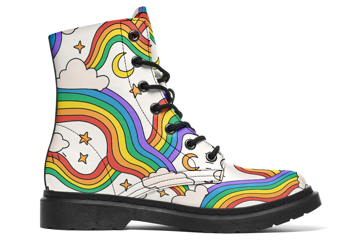 White boots with a pattern of rainbows and clouds