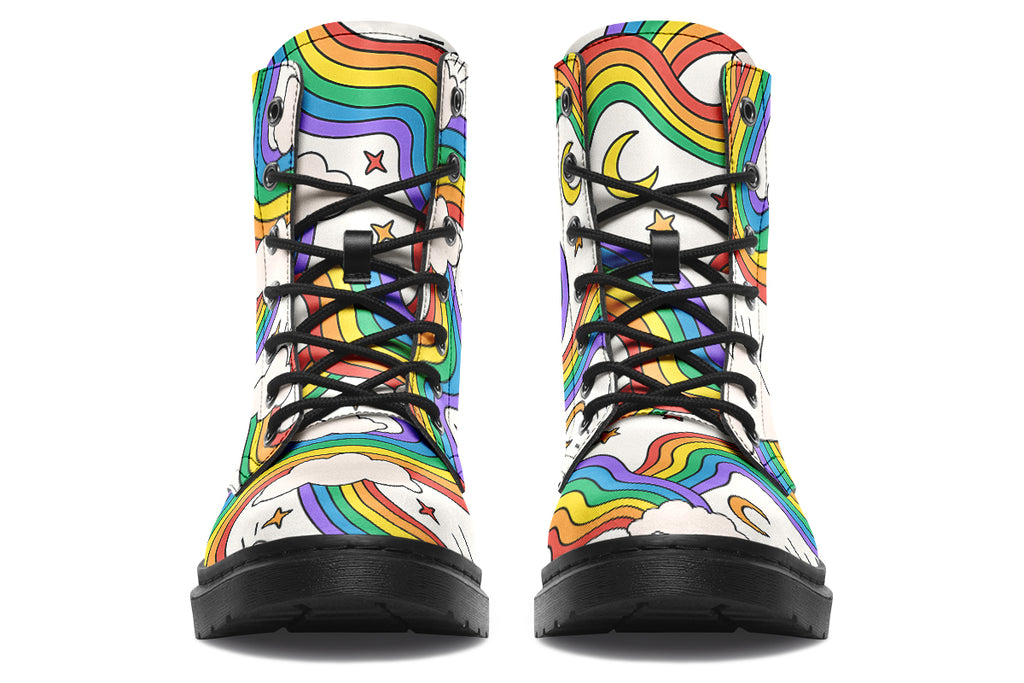 White boots with a pattern of rainbows and clouds