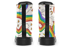 White boots with a pattern of rainbows and clouds