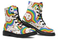 White boots with a pattern of rainbows and clouds