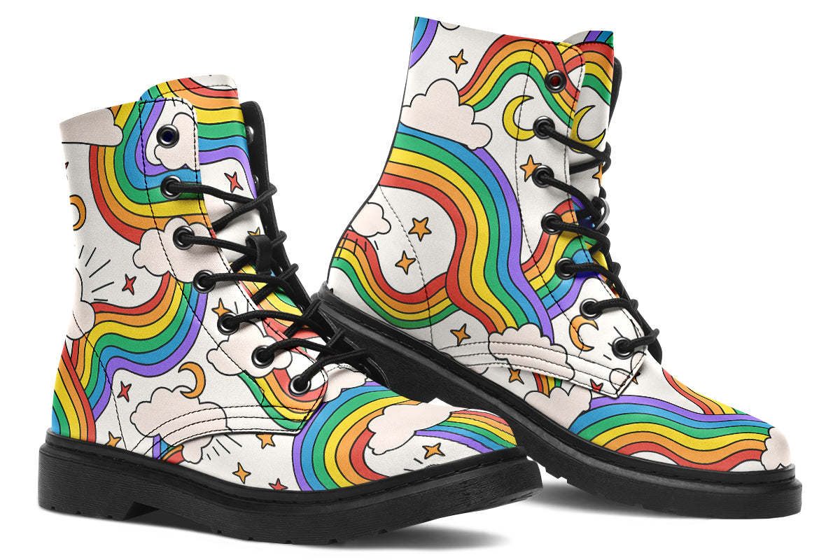 White boots with a pattern of rainbows and clouds