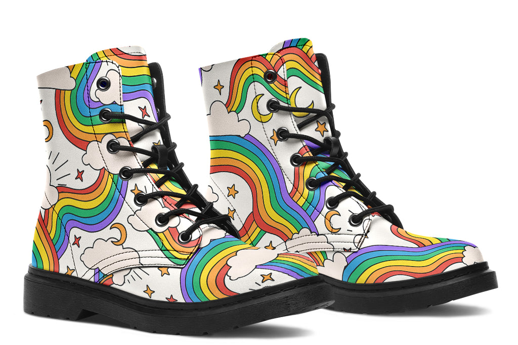 White boots with a pattern of rainbows and clouds