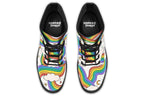 White boots with a pattern of rainbows and clouds