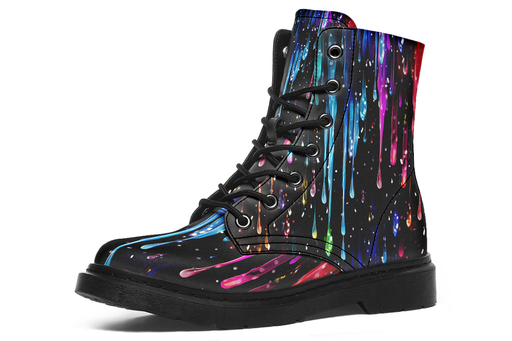 Black boots with a design that looks like different coloured paints dripping down the boots