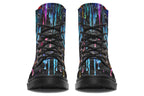 Black boots with a design that looks like different coloured paints dripping down the boots