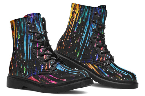 Black boots with a design that looks like different coloured paints dripping down the boots
