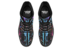 Black boots with a design that looks like different coloured paints dripping down the boots