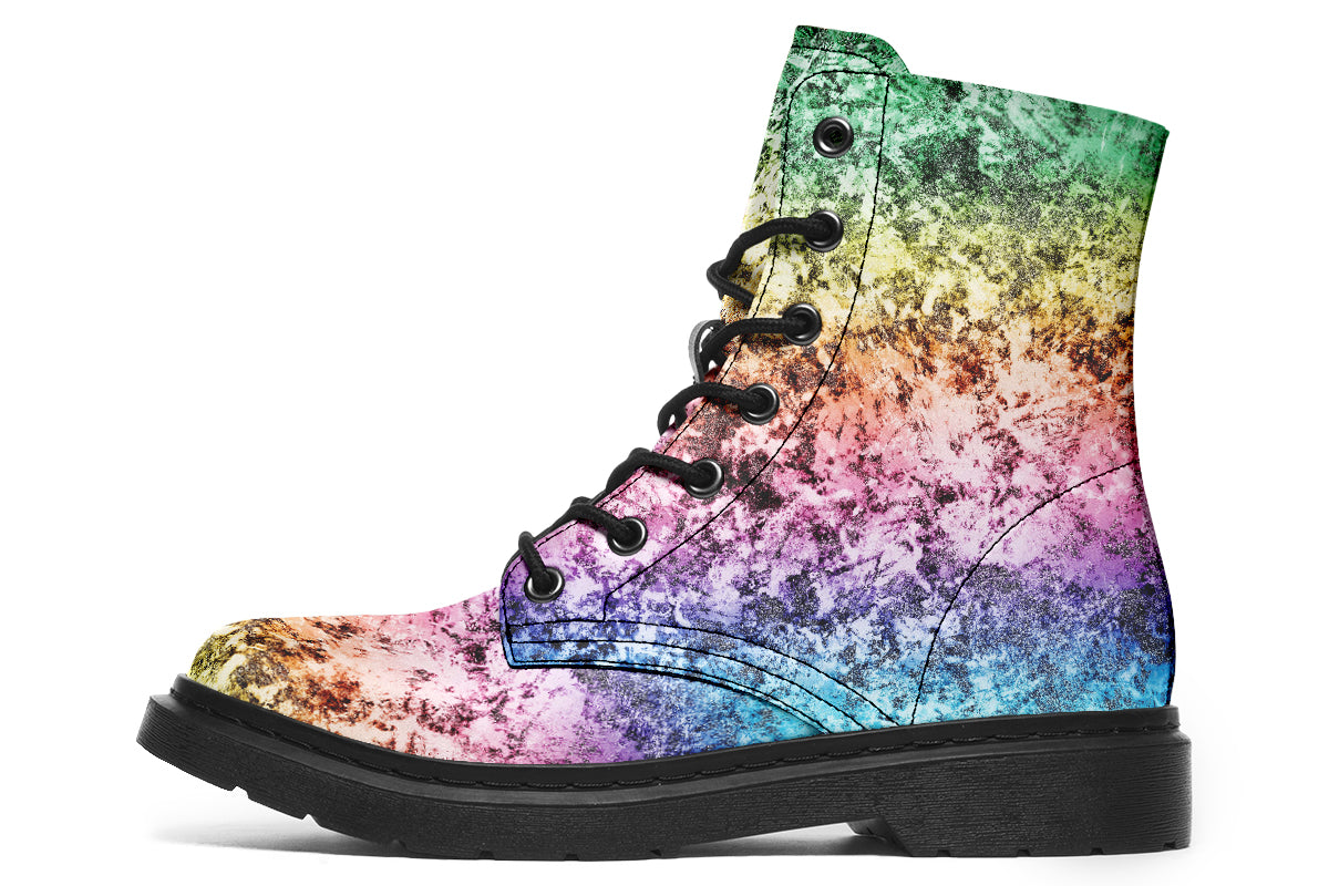 Boots featuring a pastel rainbow gradient pattern with a dark textured overlay to give it a grunge, aged look.