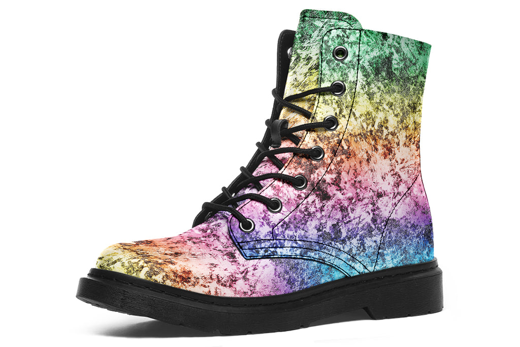 Boots featuring a pastel rainbow gradient pattern with a dark textured overlay to give it a grunge, aged look.