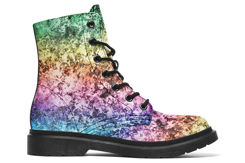 Boots featuring a pastel rainbow gradient pattern with a dark textured overlay to give it a grunge, aged look.