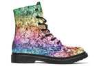 Boots featuring a pastel rainbow gradient pattern with a dark textured overlay to give it a grunge, aged look.
