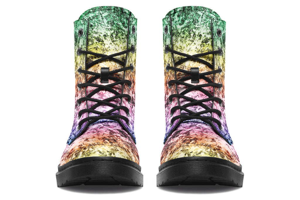 Boots featuring a pastel rainbow gradient pattern with a dark textured overlay to give it a grunge, aged look.