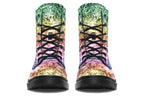 Boots featuring a pastel rainbow gradient pattern with a dark textured overlay to give it a grunge, aged look.