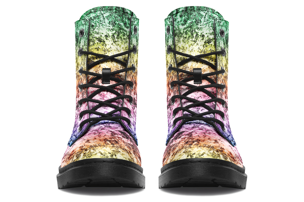 Boots featuring a pastel rainbow gradient pattern with a dark textured overlay to give it a grunge, aged look.