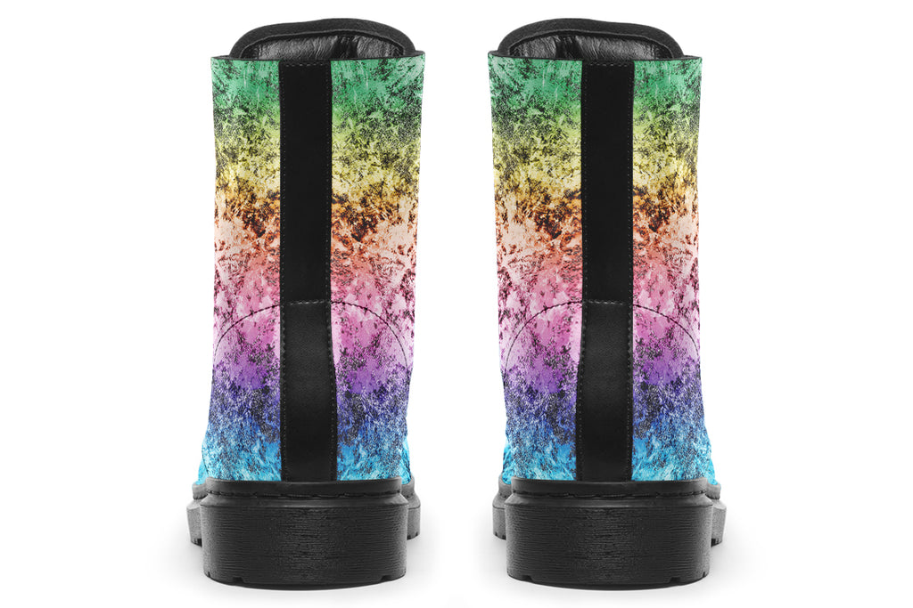 Boots featuring a pastel rainbow gradient pattern with a dark textured overlay to give it a grunge, aged look.