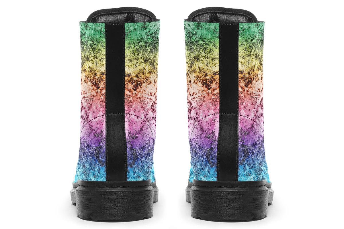Boots featuring a pastel rainbow gradient pattern with a dark textured overlay to give it a grunge, aged look.