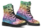 Boots featuring a pastel rainbow gradient pattern with a dark textured overlay to give it a grunge, aged look.