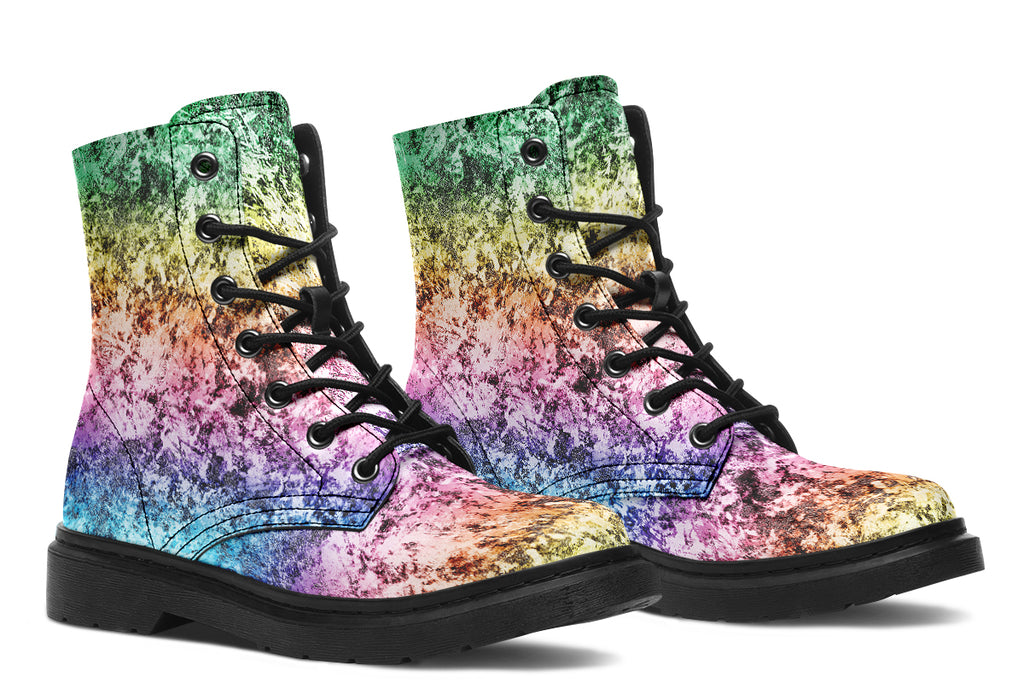 Boots featuring a pastel rainbow gradient pattern with a dark textured overlay to give it a grunge, aged look.