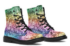 Boots featuring a pastel rainbow gradient pattern with a dark textured overlay to give it a grunge, aged look.