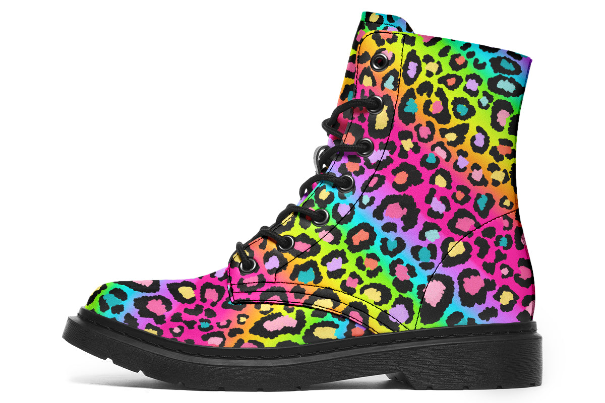 Boots featuring a colourful leopard print over a rainbow coloured background.