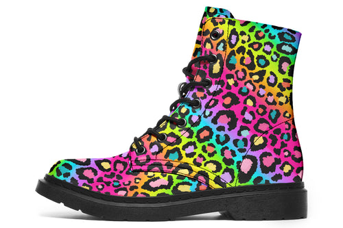 Boots featuring a colourful leopard print over a rainbow coloured background.
