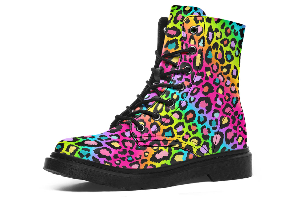 Boots featuring a colourful leopard print over a rainbow coloured background.