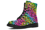 Boots featuring a colourful leopard print over a rainbow coloured background.