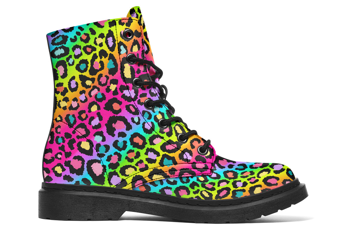 Boots featuring a colourful leopard print over a rainbow coloured background.