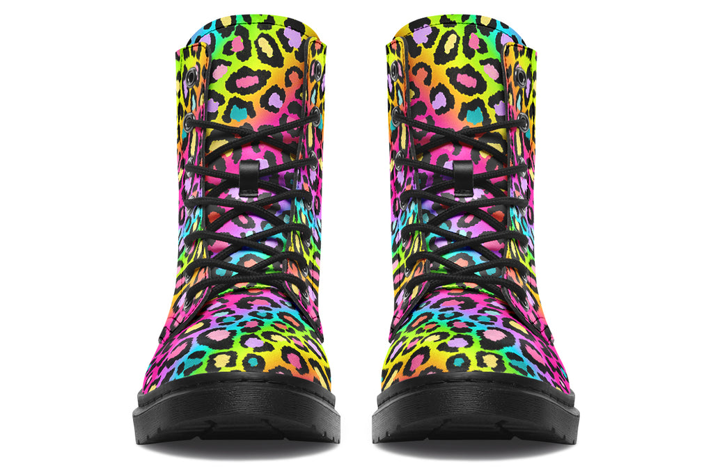 Boots featuring a colourful leopard print over a rainbow coloured background.