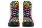 Boots featuring a colourful leopard print over a rainbow coloured background.