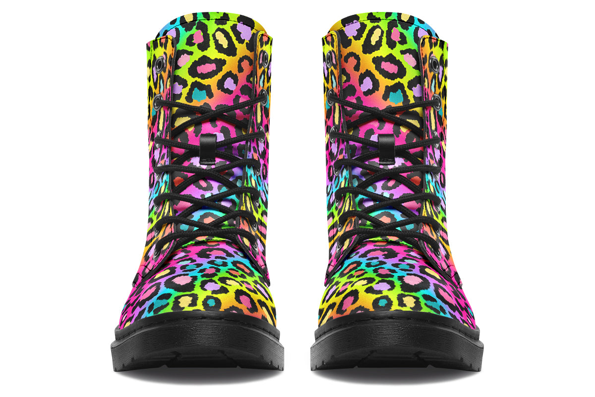 Boots featuring a colourful leopard print over a rainbow coloured background.