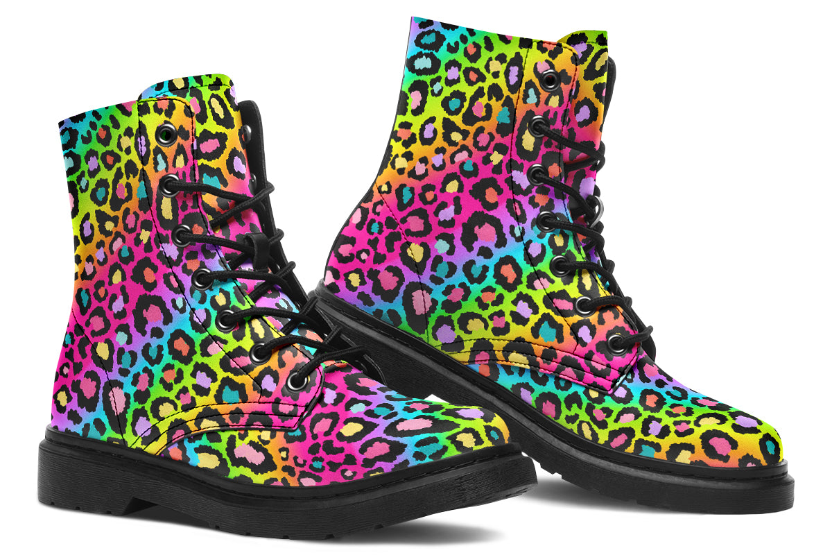 Boots featuring a colourful leopard print over a rainbow coloured background.