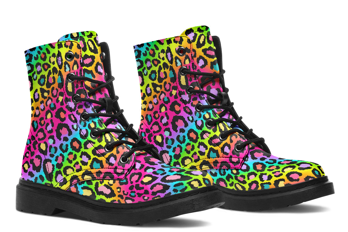 Boots featuring a colourful leopard print over a rainbow coloured background.