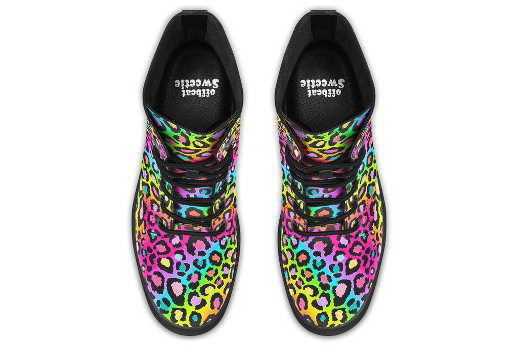 Boots featuring a colourful leopard print over a rainbow coloured background.