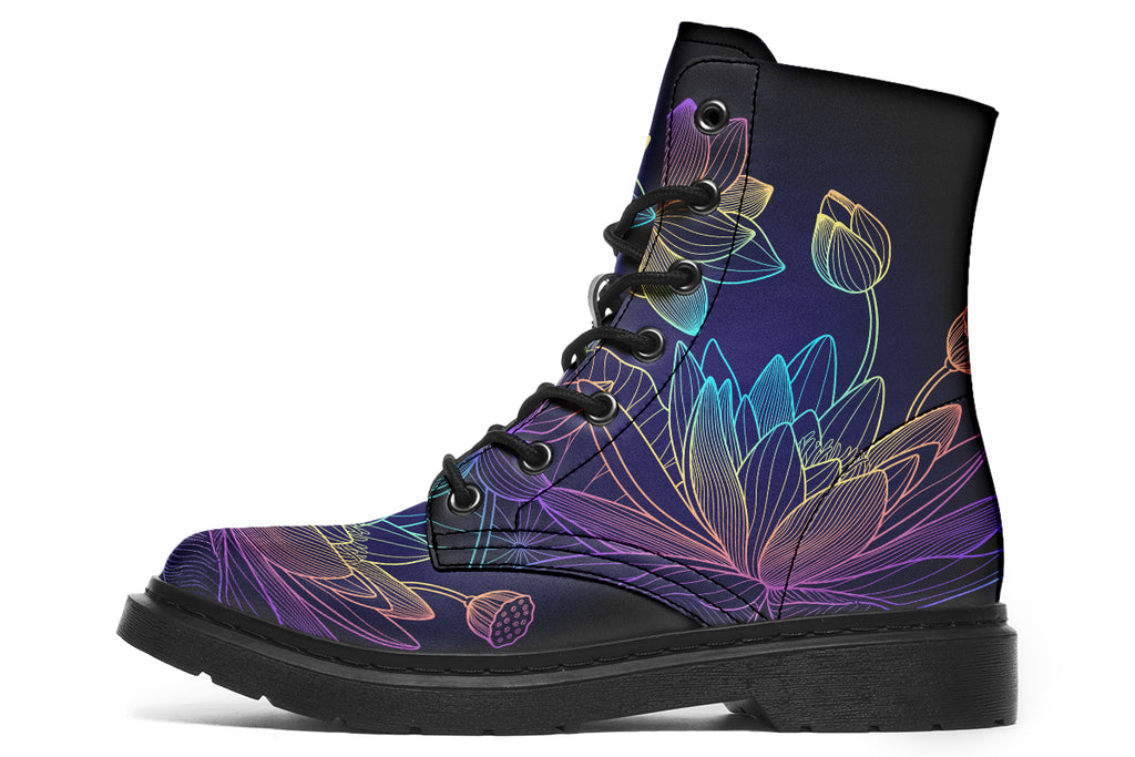 Boots featuring a rainbow lotus flowers design on a black background.