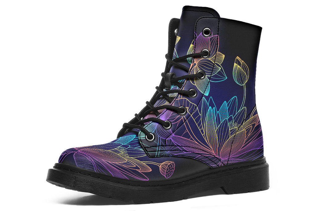Boots featuring a rainbow lotus flowers design on a black background.