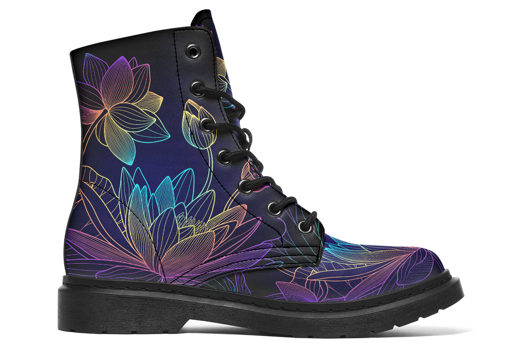 Boots featuring a rainbow lotus flowers design on a black background.