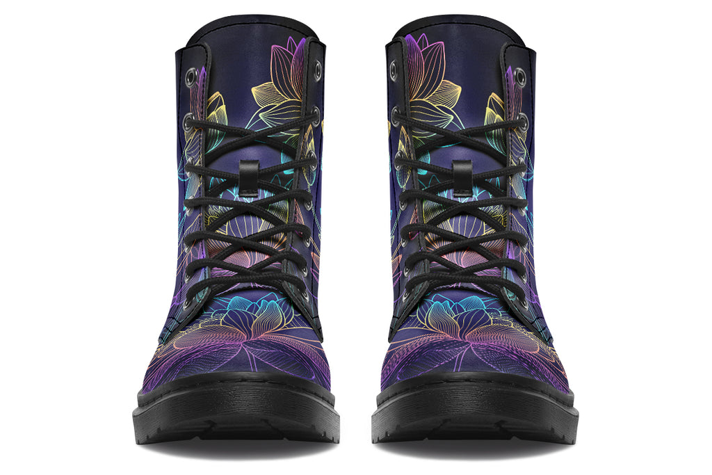 Boots featuring a rainbow lotus flowers design on a black background.