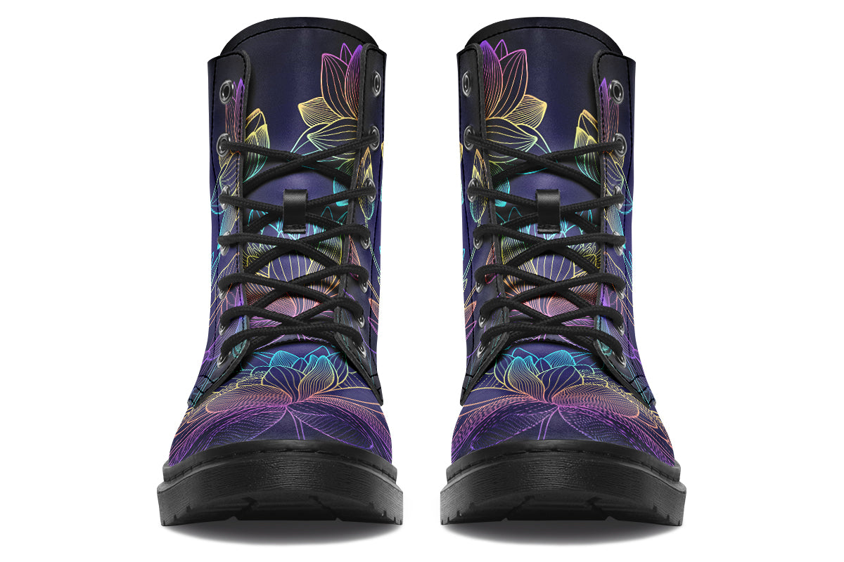 Boots featuring a rainbow lotus flowers design on a black background.