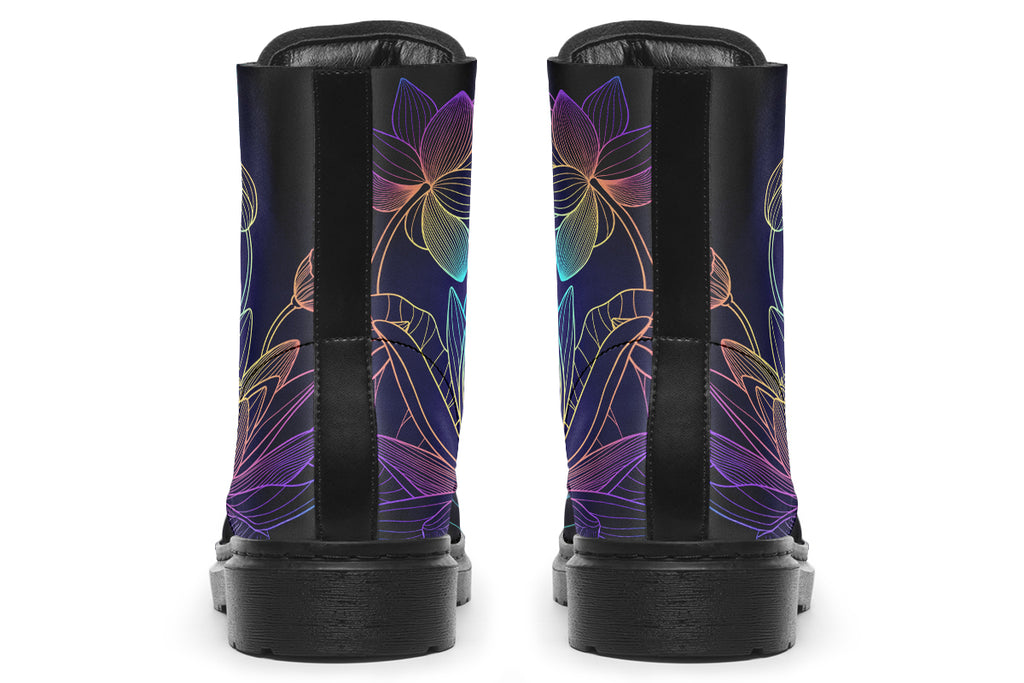 Boots featuring a rainbow lotus flowers design on a black background.