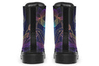 Boots featuring a rainbow lotus flowers design on a black background.