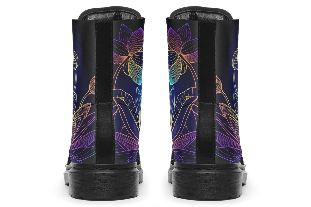 Boots featuring a rainbow lotus flowers design on a black background.