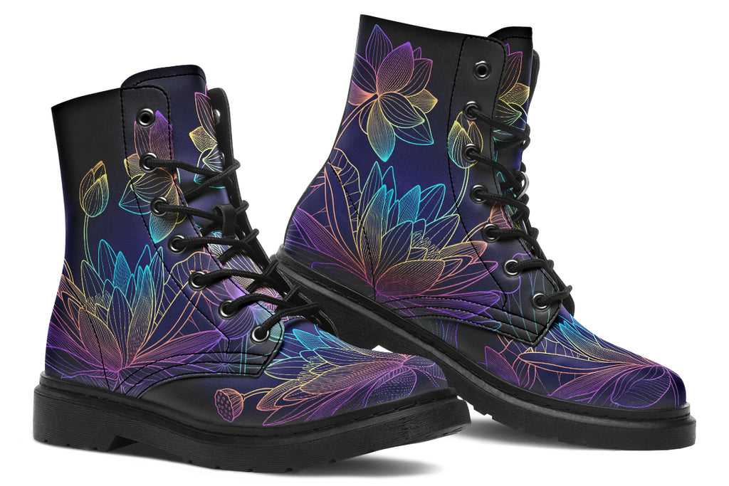 Boots featuring a rainbow lotus flowers design on a black background.