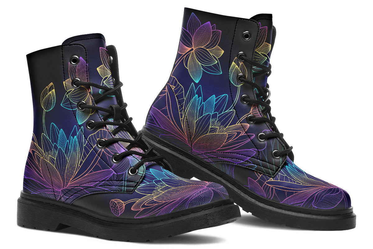 Boots featuring a rainbow lotus flowers design on a black background.