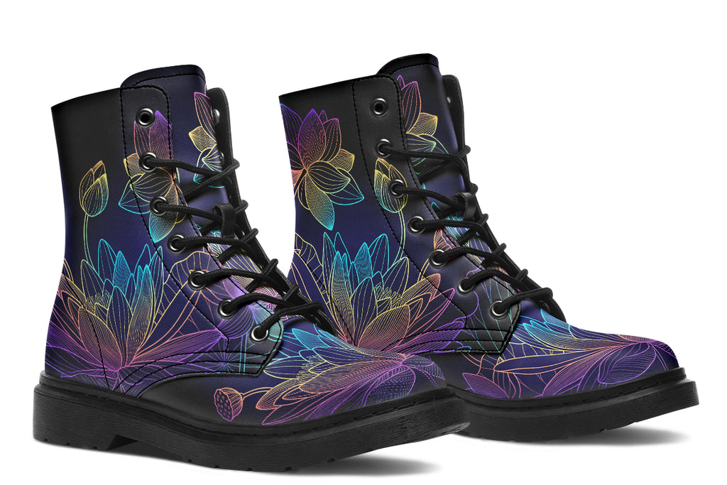 Boots featuring a rainbow lotus flowers design on a black background.