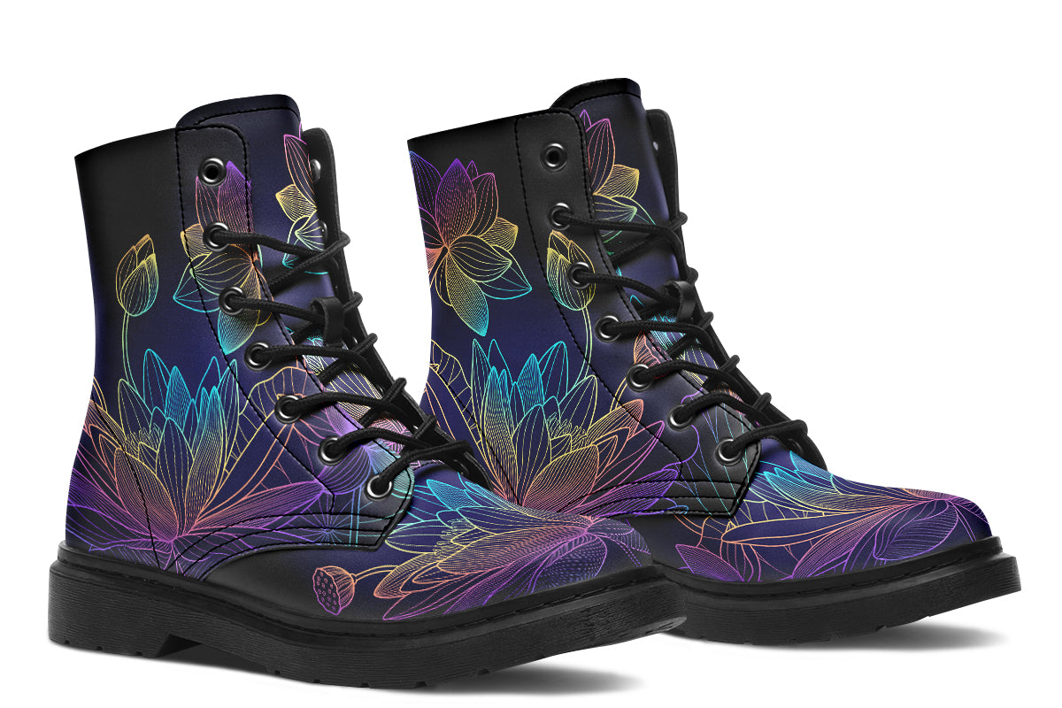 Boots featuring a rainbow lotus flowers design on a black background.