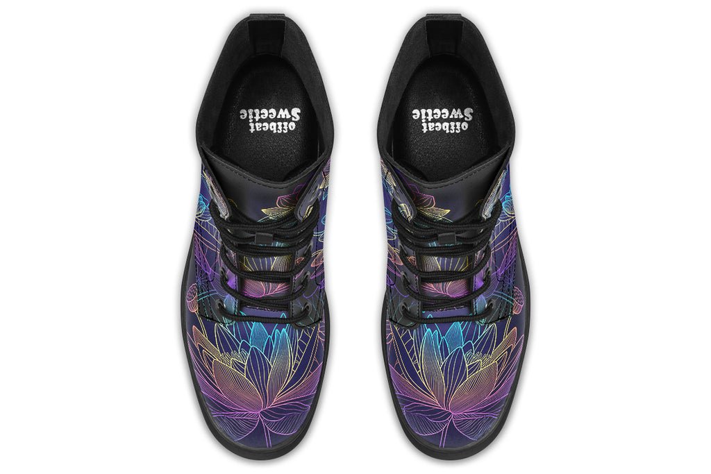 Boots featuring a rainbow lotus flowers design on a black background.