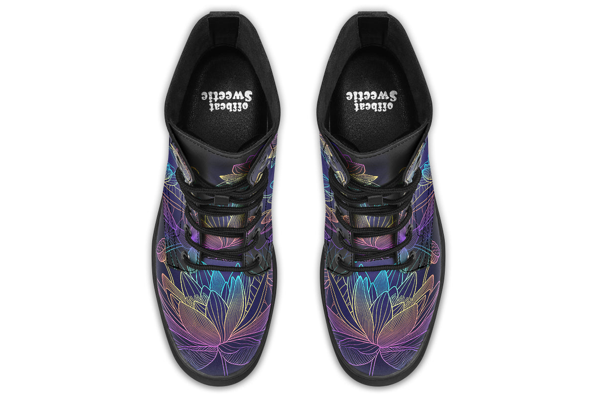Boots featuring a rainbow lotus flowers design on a black background.