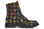 Black boots featuring a rainbow gradient paw print pattern