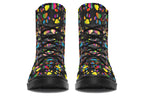 Black boots featuring a rainbow gradient paw print pattern